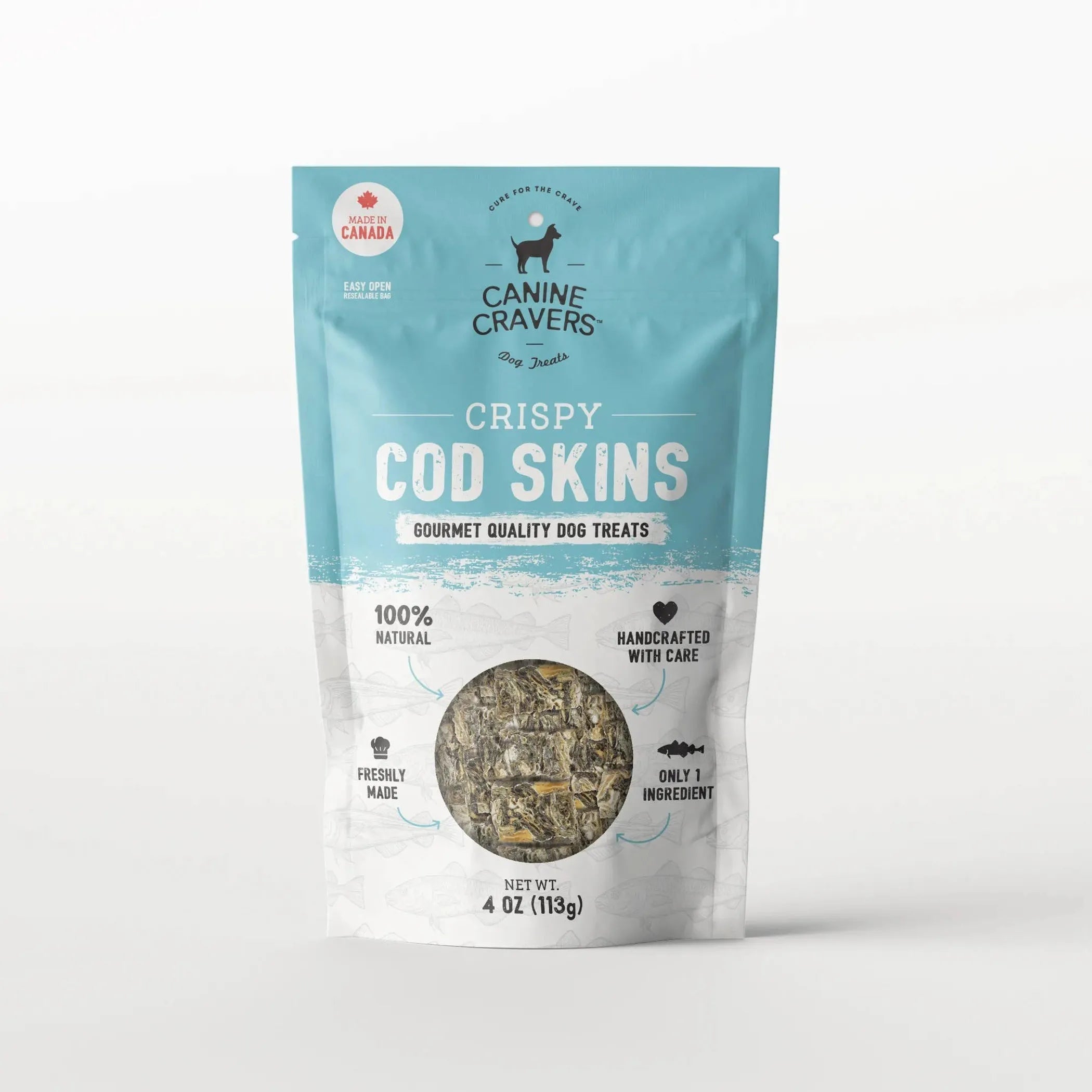 "Canine Cravers Crispy Cod Skins Gourmet Quality Dog Treats - 100% Natural, Handcrafted, Single Ingredient - 4 oz (113g) bag"