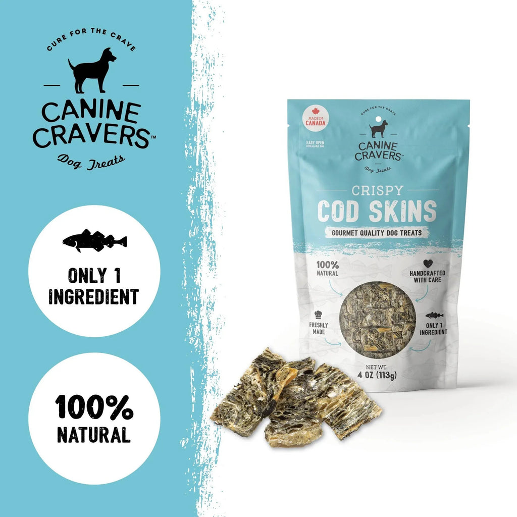"Canine Cravers Crispy Cod Skins Gourmet Quality Dog Treats - 100% Natural, Handcrafted, Single Ingredient - 4 oz (113g) bag"