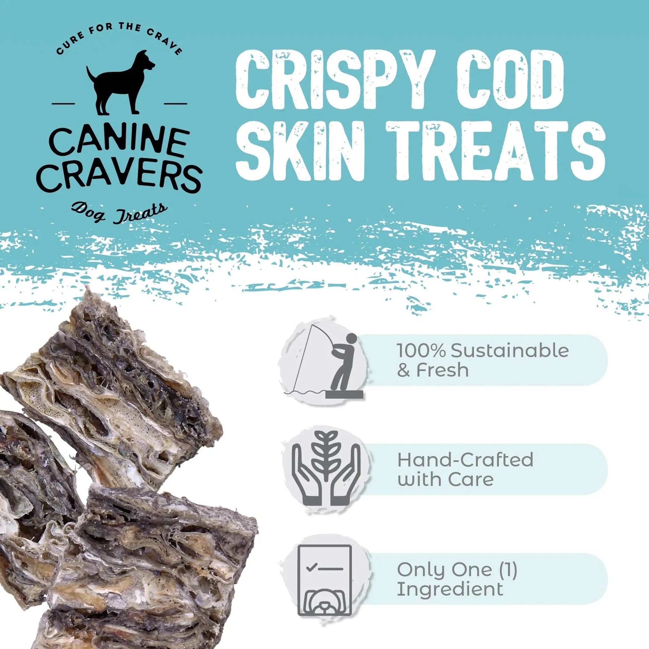 "Canine Cravers Crispy Cod Skins Gourmet Quality Dog Treats - 100% Natural, Handcrafted, Single Ingredient - 4 oz (113g) bag"