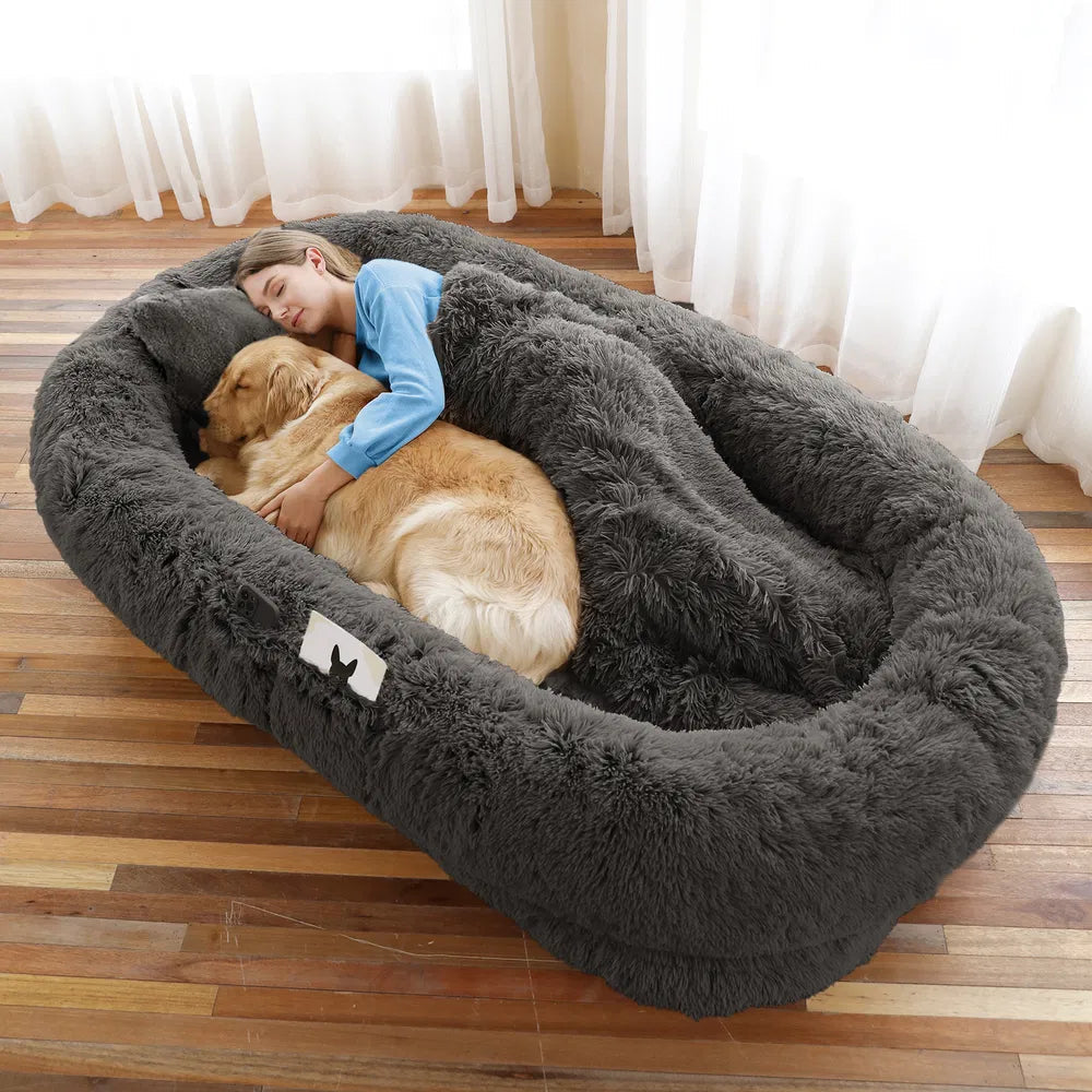 Woman hugging a dog in a fluffy gray pet bed on a wooden floor.