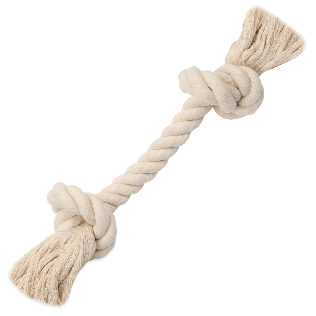 Beige rope dog toy with two knotted ends on a white background