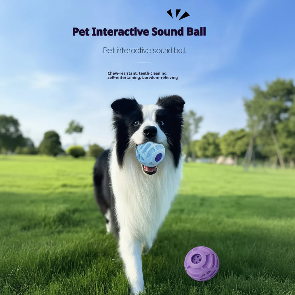 Dog playing with a pet interactive sound ball in a grassy field