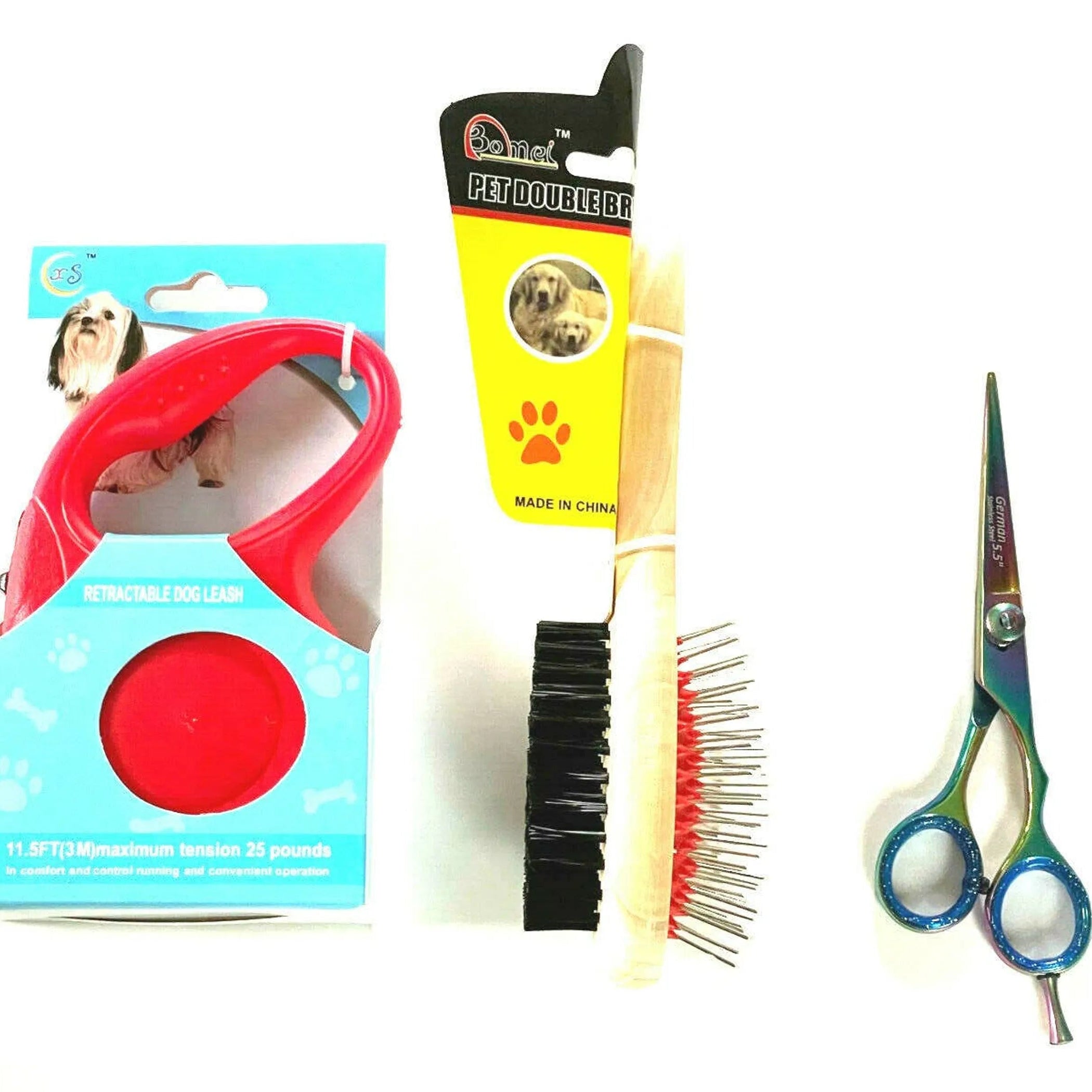 Pet grooming tools including a red brush, comb, and scissors on a white background