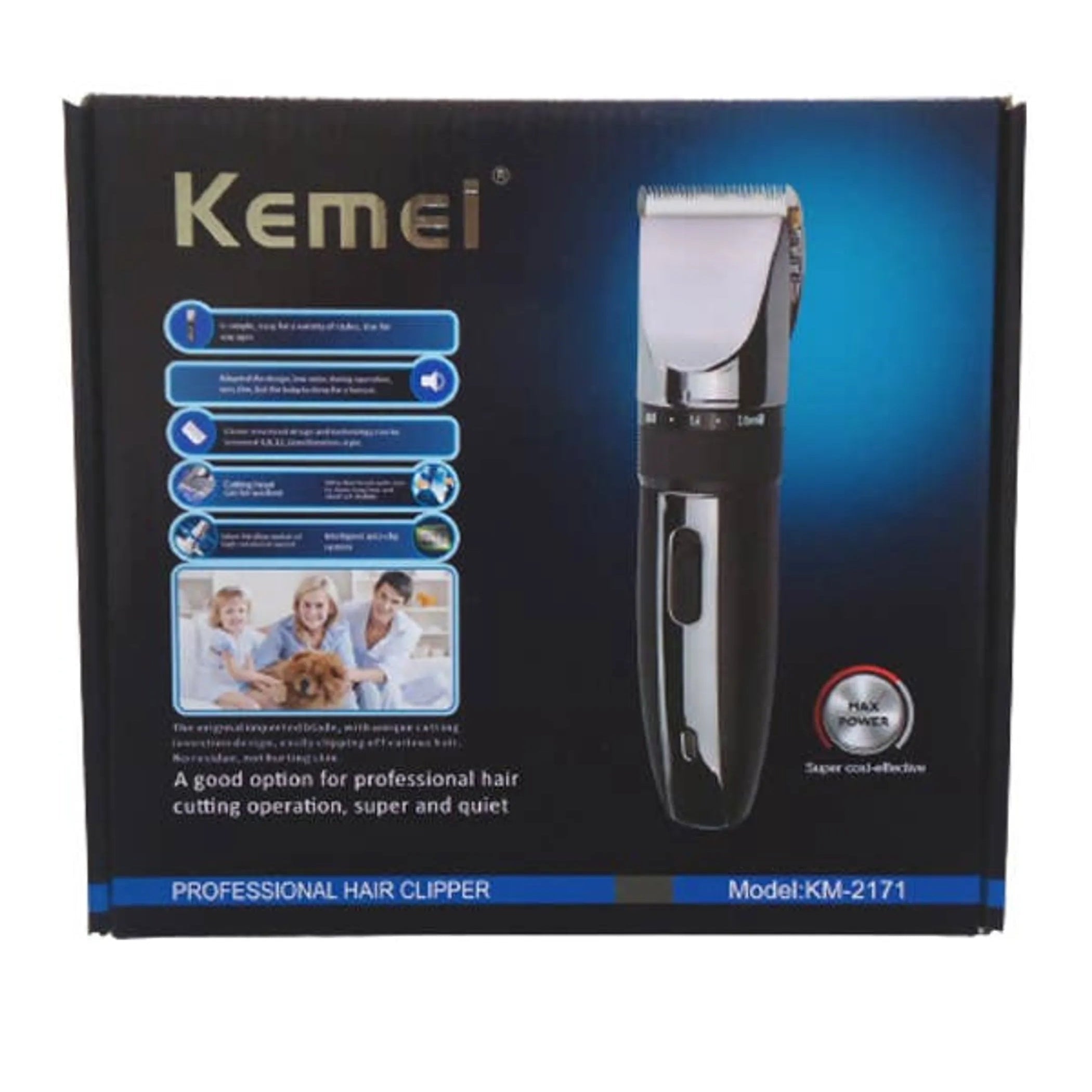 
Kemei KM-2171 Professional Hair Clipper in black, cordless rechargeable pet grooming trimmer in retail box packaging
