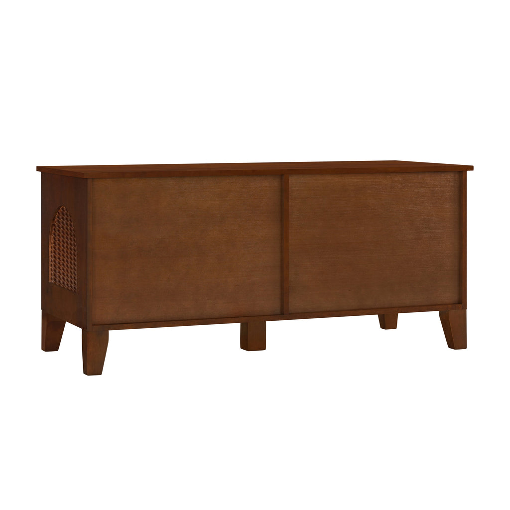 Wooden sideboard with two doors on a white background