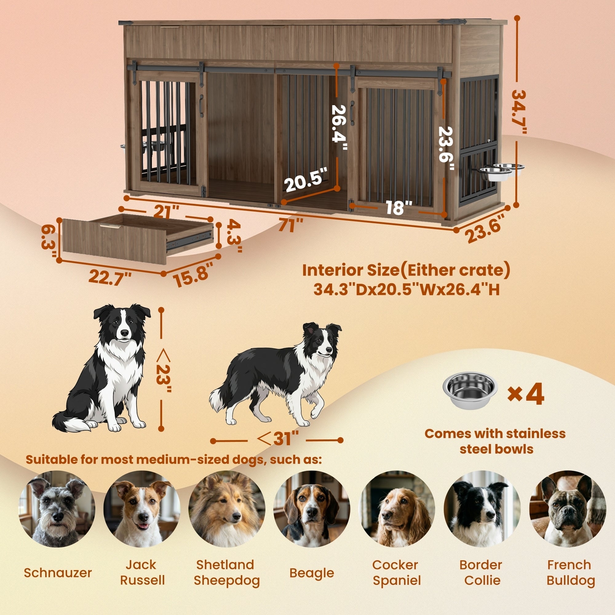 71" Double Dog Crate Furniture with Fluted Drawers, Feeders & Power Station