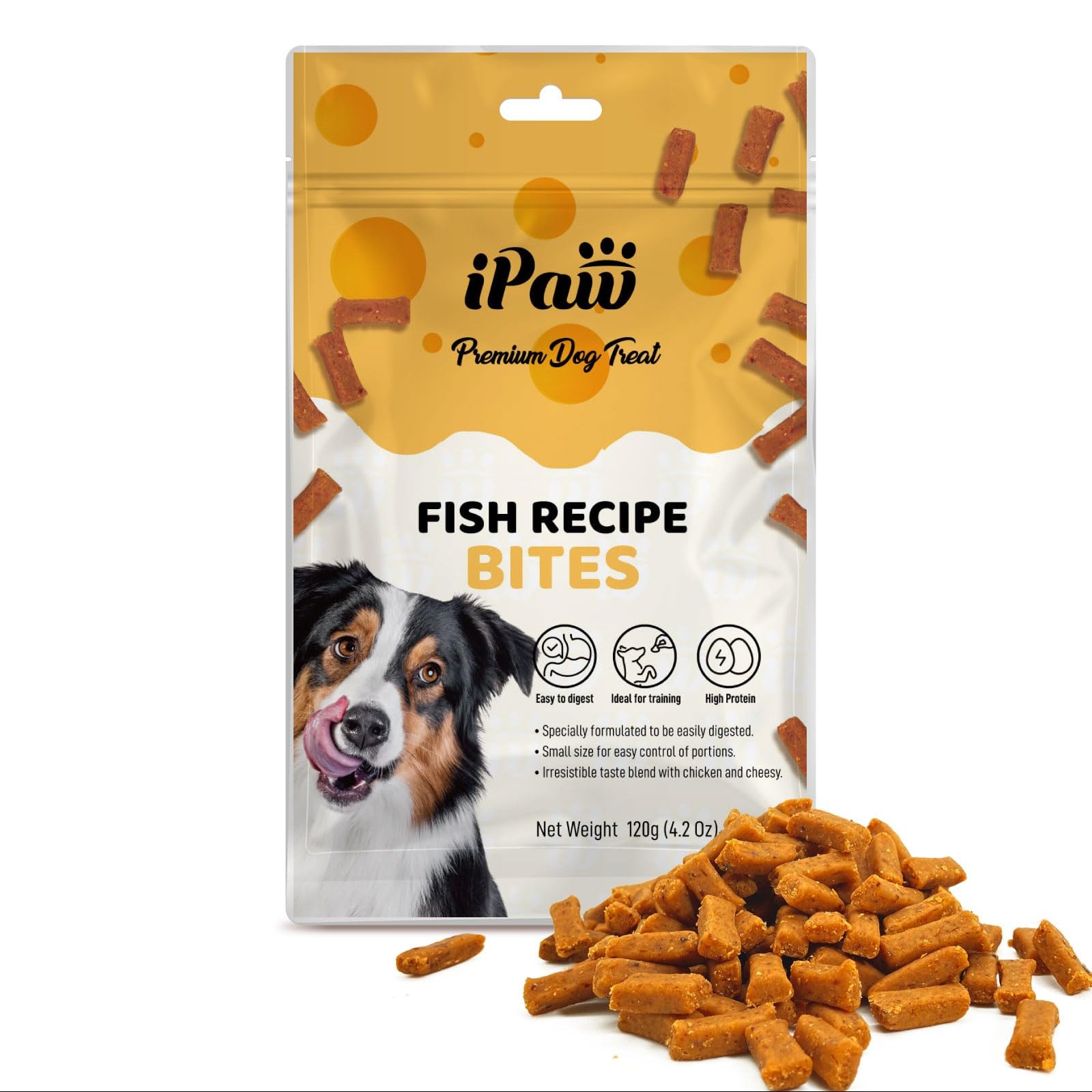Package of iPaw Fish Recipe Bites dog treats with a dog on the label.