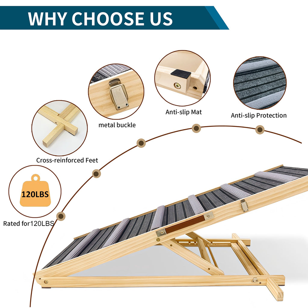 Wooden pet ramp with features highlighted on a white background