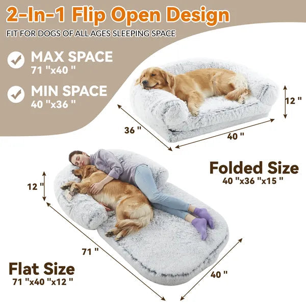 Dog bed with dimensions and features highlighted, including a person lying on it.