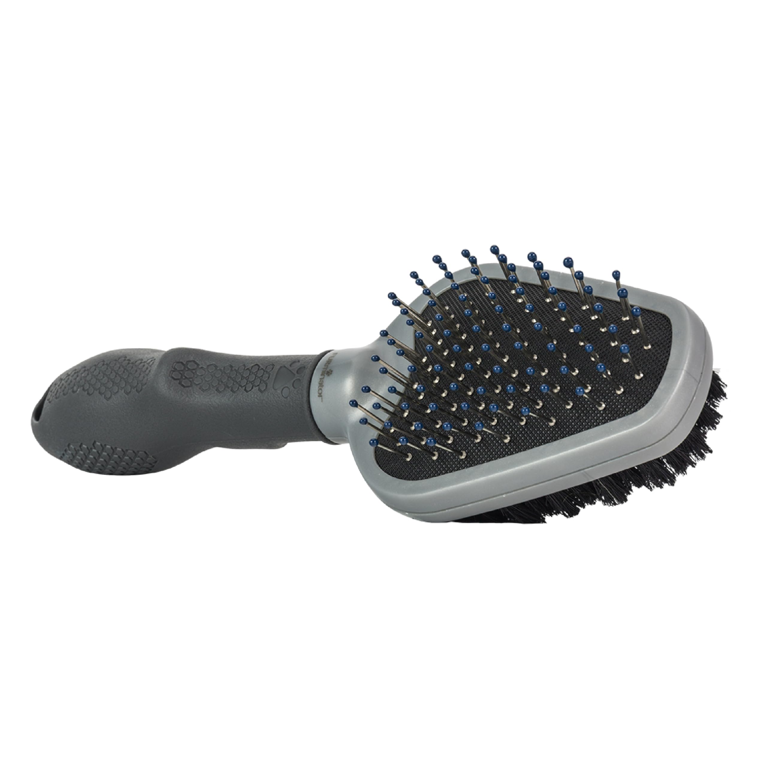 Gray pet grooming brush with bristles on a white background