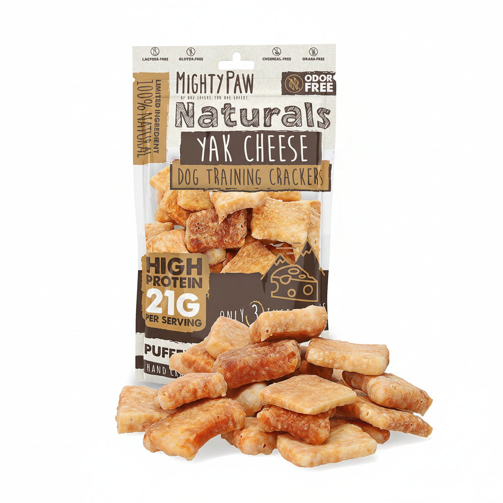 Package of Mighty Paw Naturals Yak Cheese dog training crackers with visible text and images on a white background.
