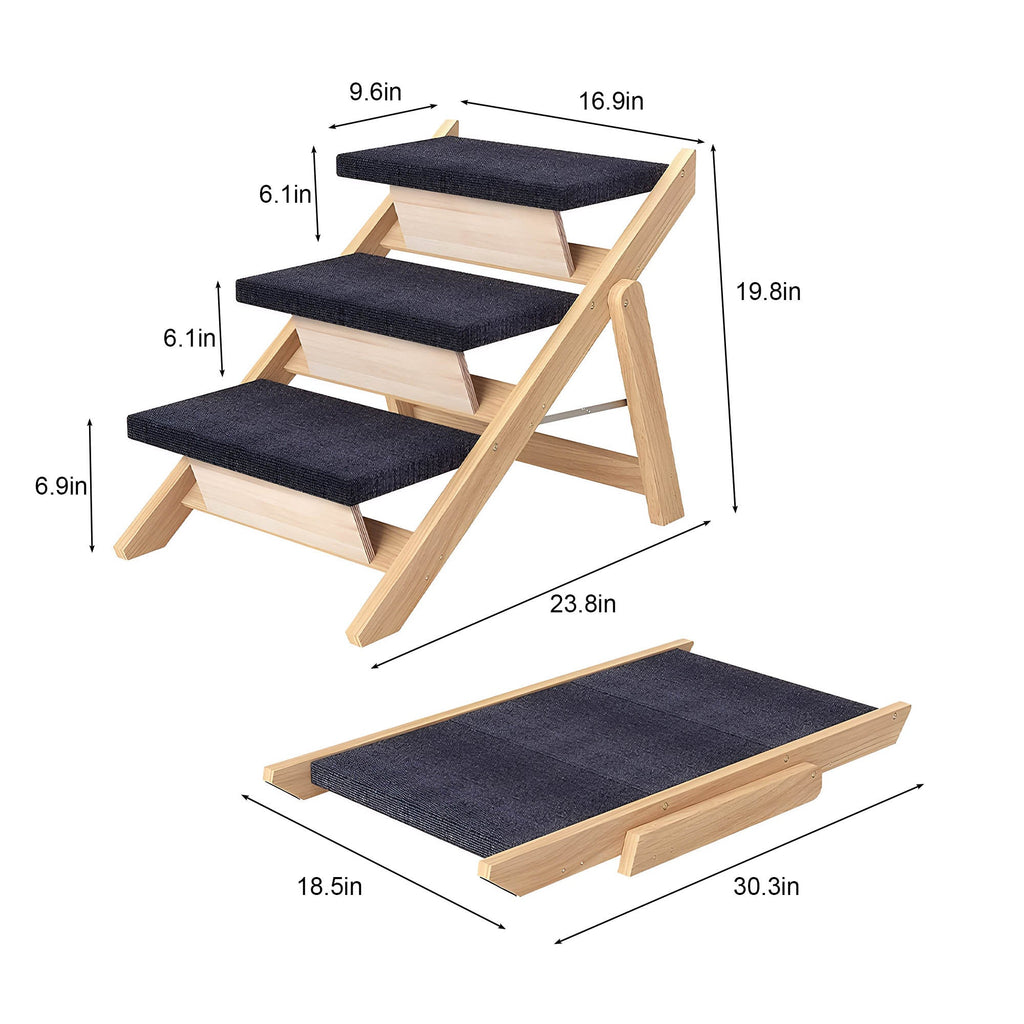 Foldable Wooden Pet Stairs & Ramp – 2-in-1 Dog Steps for Beds, Sofas & Cars