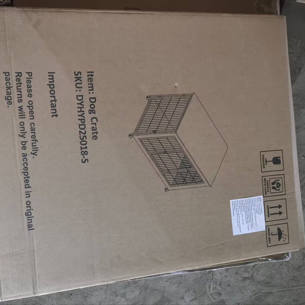 Cardboard box with a dog crate illustration and text on a textured surface