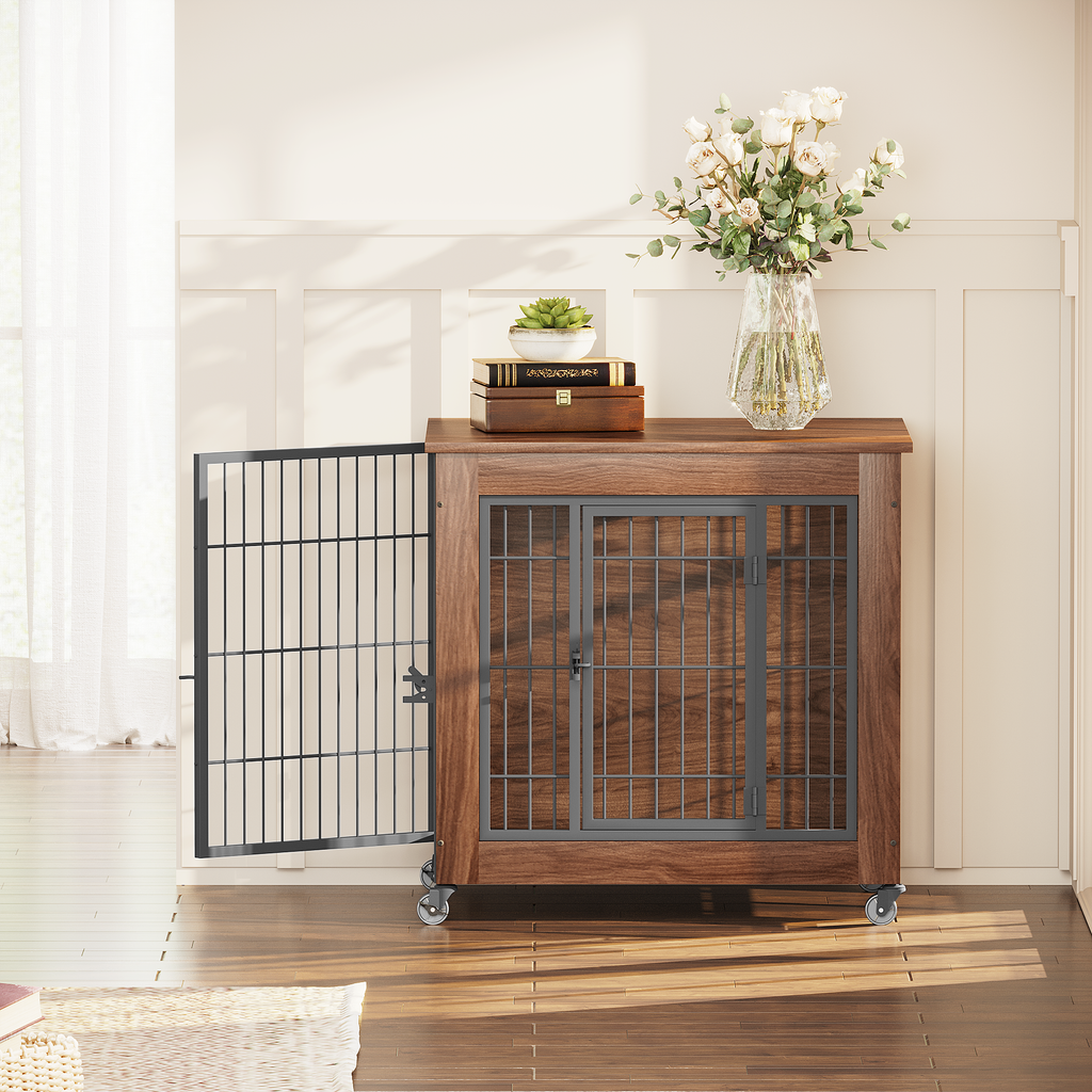 Wooden pet crate with metal bars on wheels in a room with a vase of flowers and books.