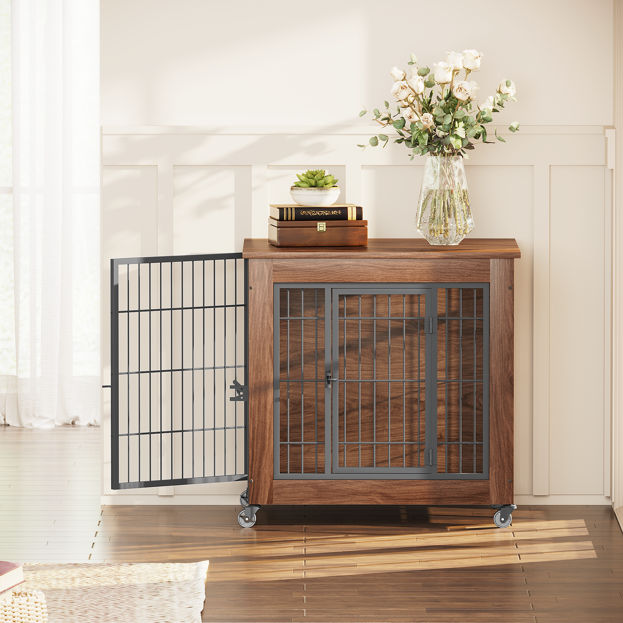 Wooden pet crate with metal bars on wheels in a room with a vase of flowers and books.