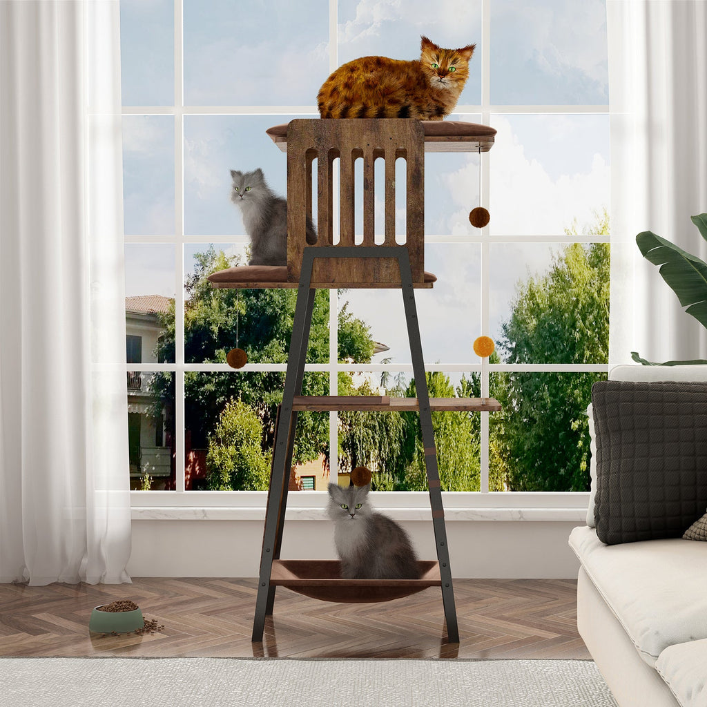 Modern Wooden Cat Tree – 58" Large Cat Tower