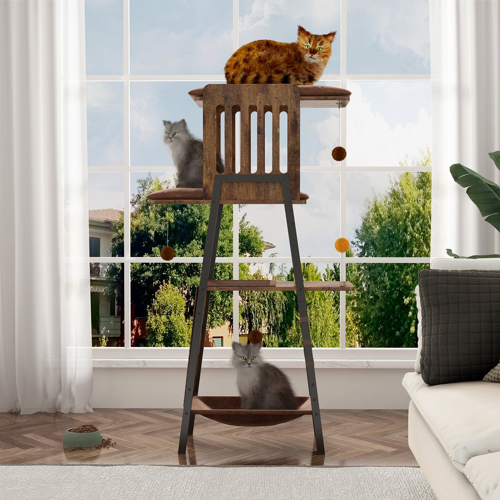 Modern Wooden Cat Tree – 58" Large Cat Tower