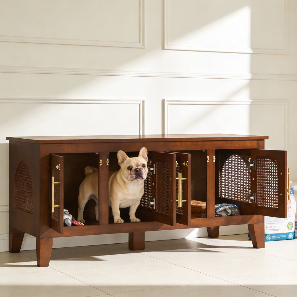 Wooden pet enclosure with a dog inside in a room with white walls and tiled floor.