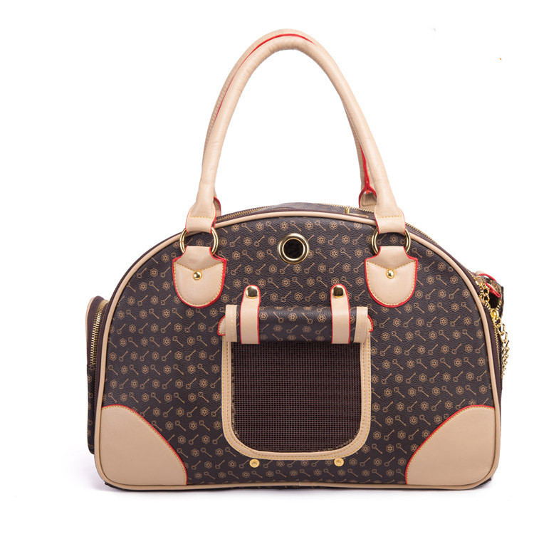 Pet carrier with brown and beige design on a white background