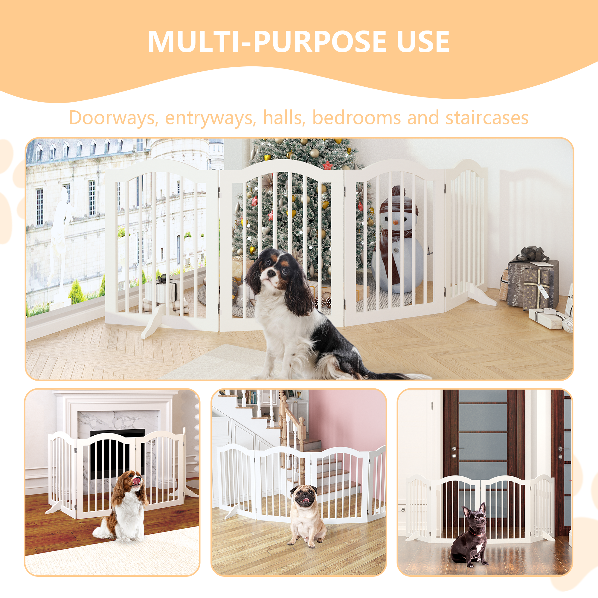 White pet gate used in various indoor settings with dogs, labeled for multi-purpose use.