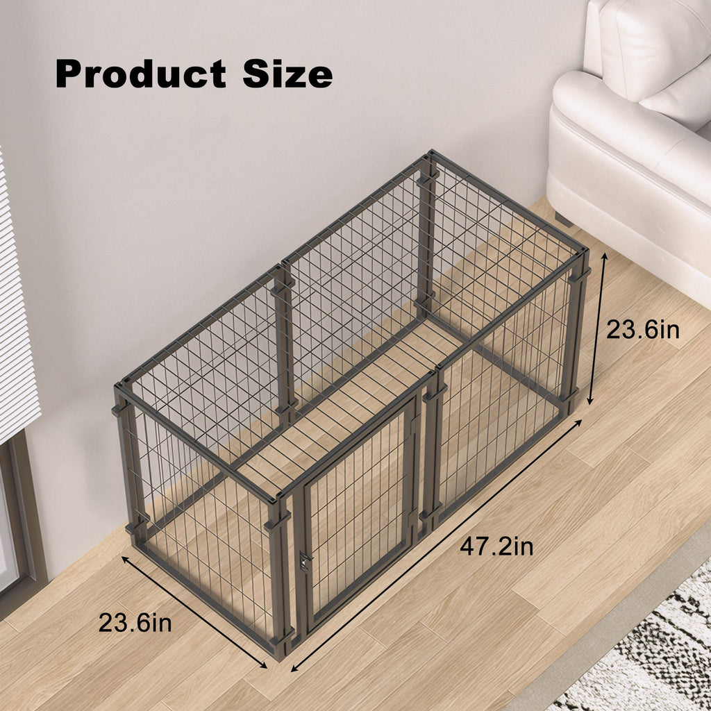 Metal pet gate with dimensions on a wooden floor