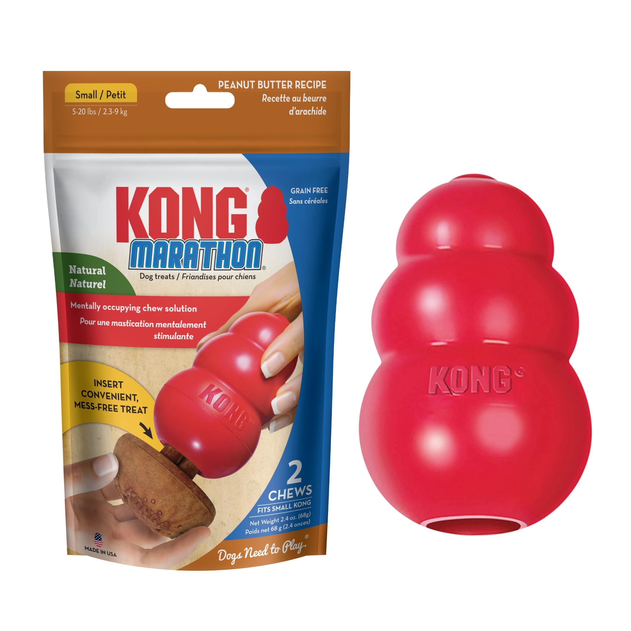 Red KONG dog toy next to its packaging on a white background