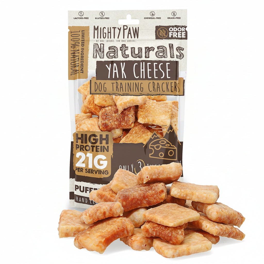 Package of Mighty Paw Naturals Yak Cheese dog training crackers with visible text and images on a white background.