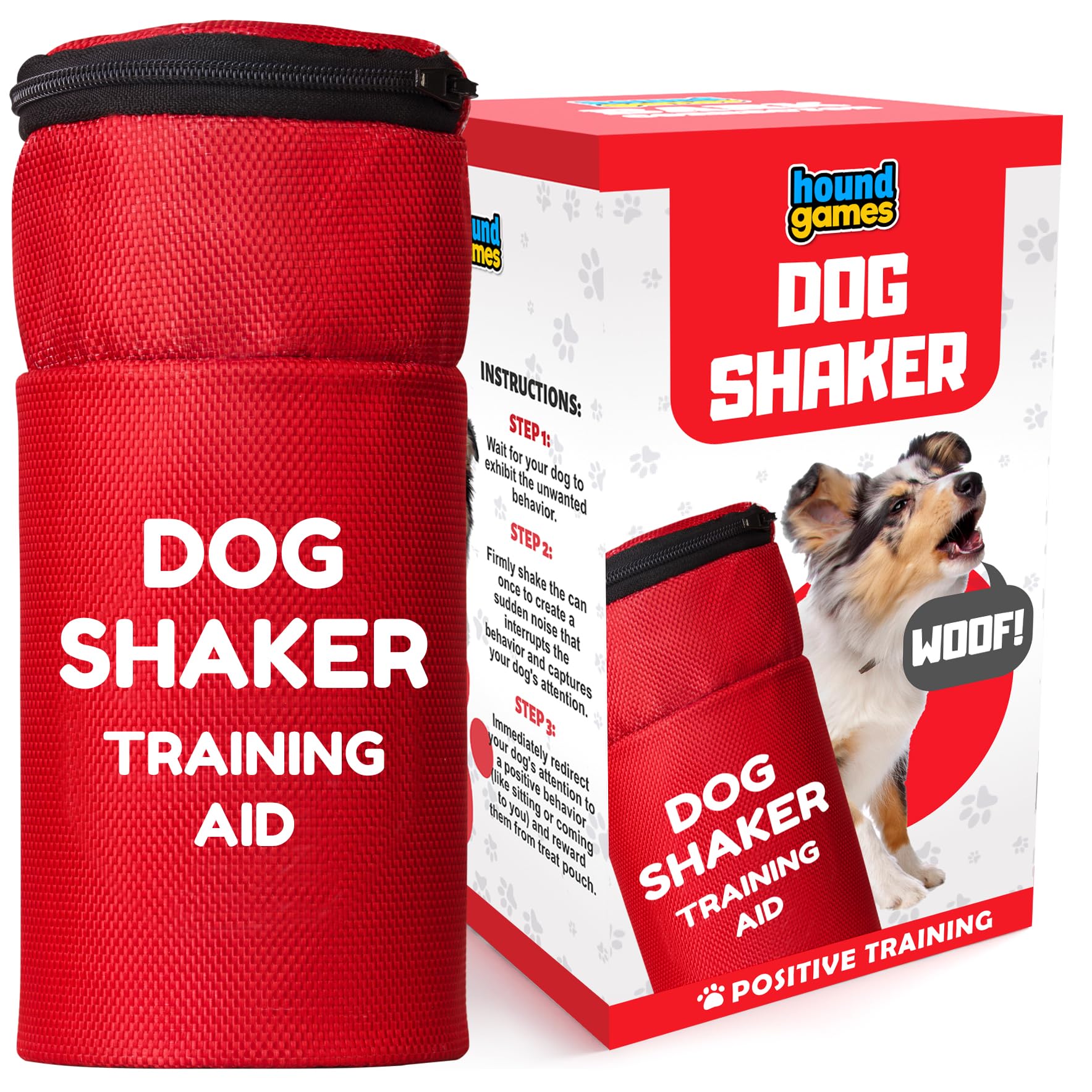 Red 'Dog Shaker' training aid with packaging featuring a dog and text.