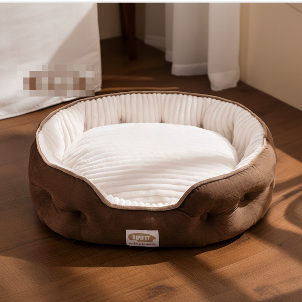 Brown pet bed with white interior on a wooden floor