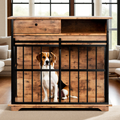 Wooden pet crate with a dog peeking out in a living room setting