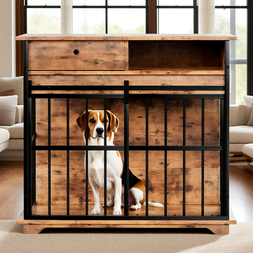 Wooden pet crate with a dog peeking out in a living room setting