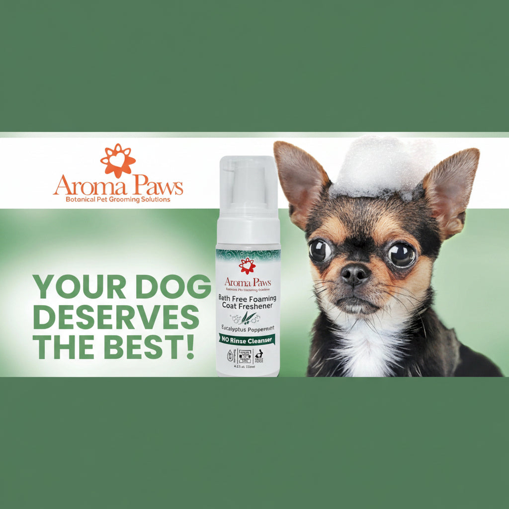 Aroma Paws coat freshener bottle with a small dog wearing a shower cap on a green background