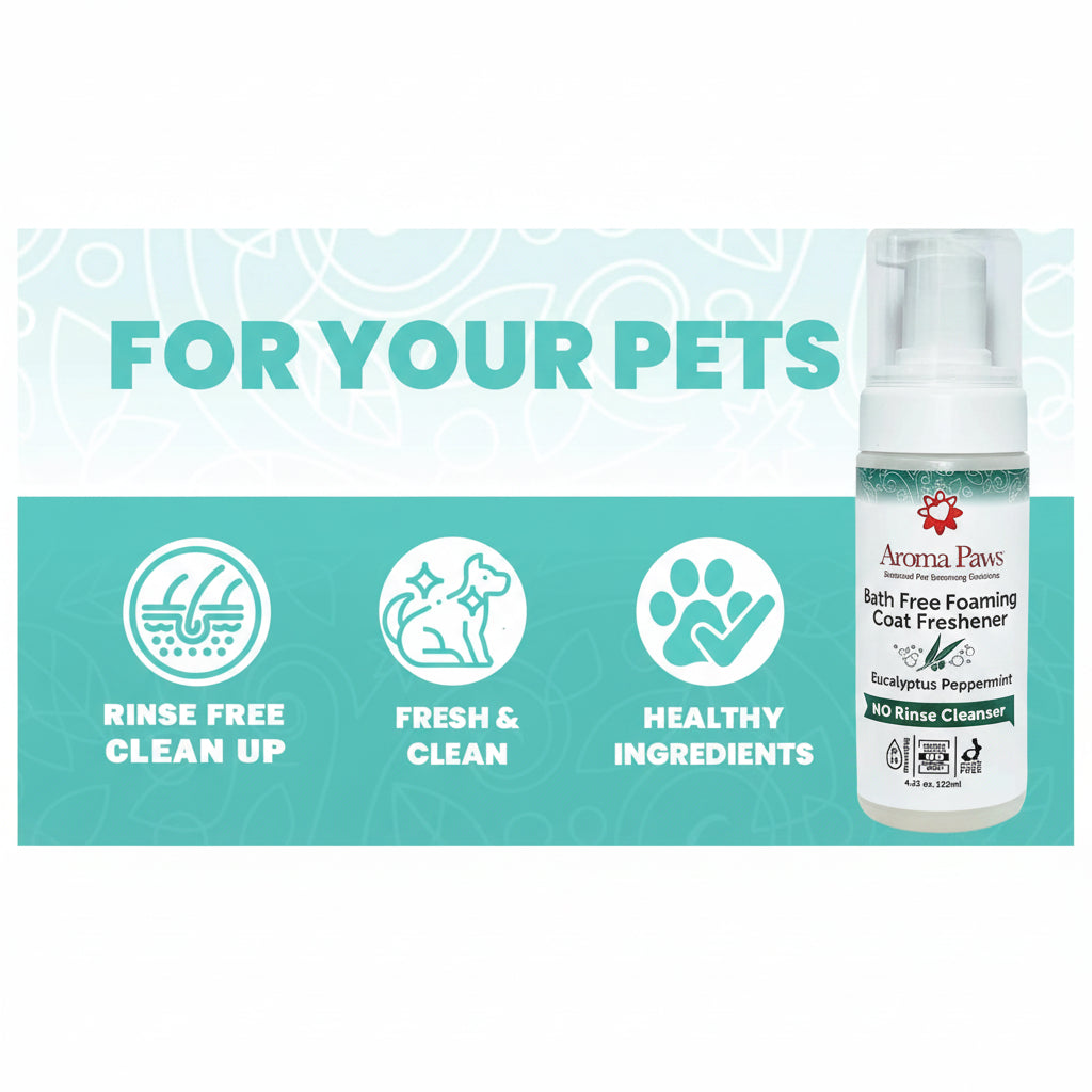 Aroma Paws bath free foaming coat freshener bottle with product features on a teal background