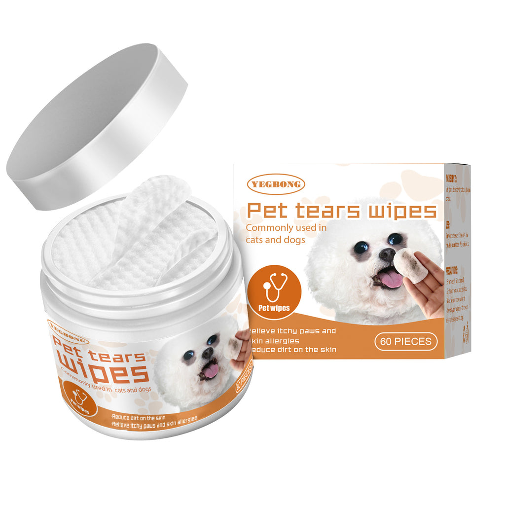 Yegbong Pet Tears Wipes packaging with a jar of wipes and a box on a white background
