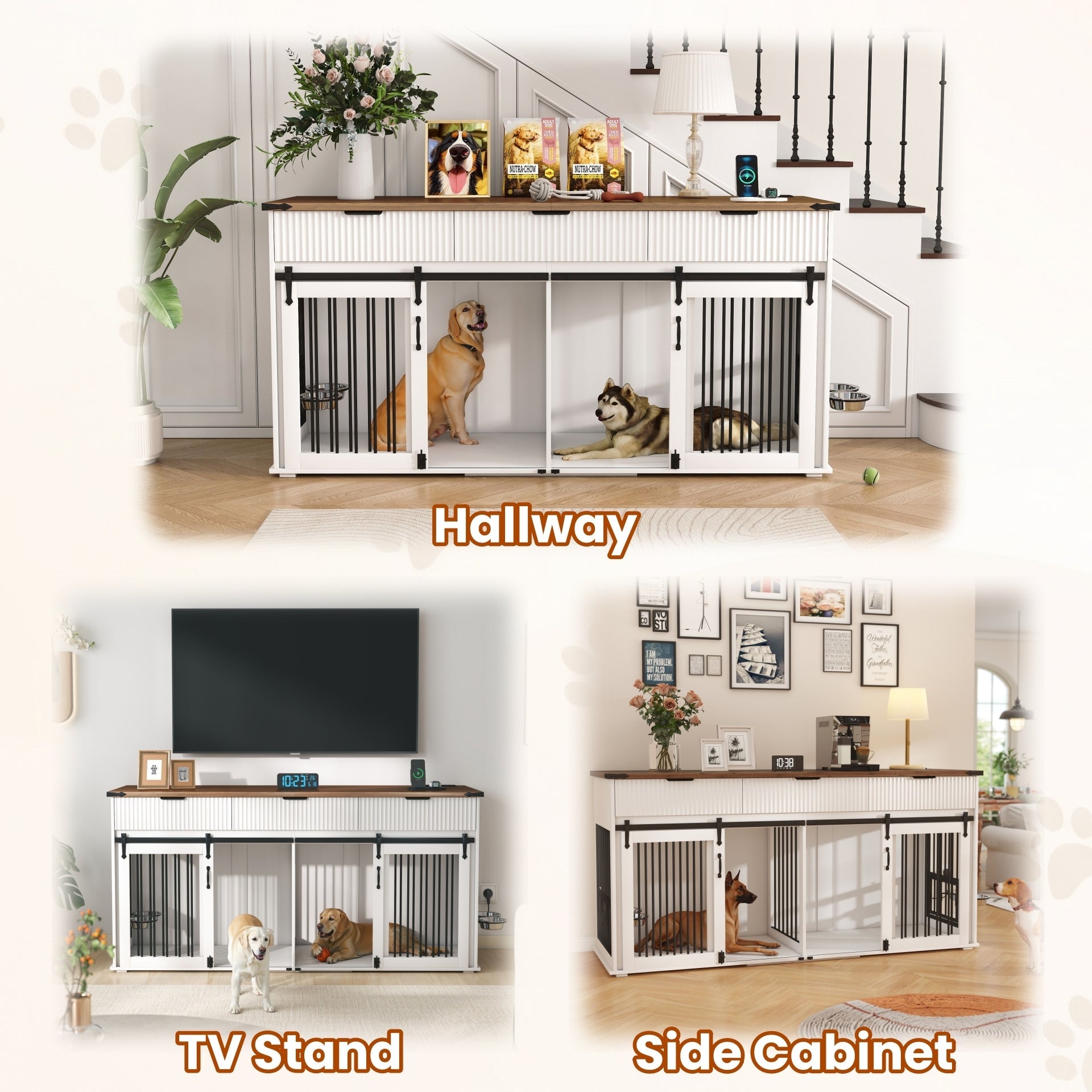 71" Double Dog Crate Furniture with Fluted Drawers, Feeders & Power Station