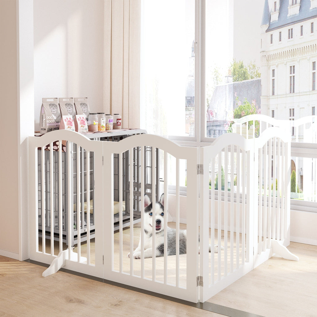 White pet gate in a room with a dog inside, near a window.