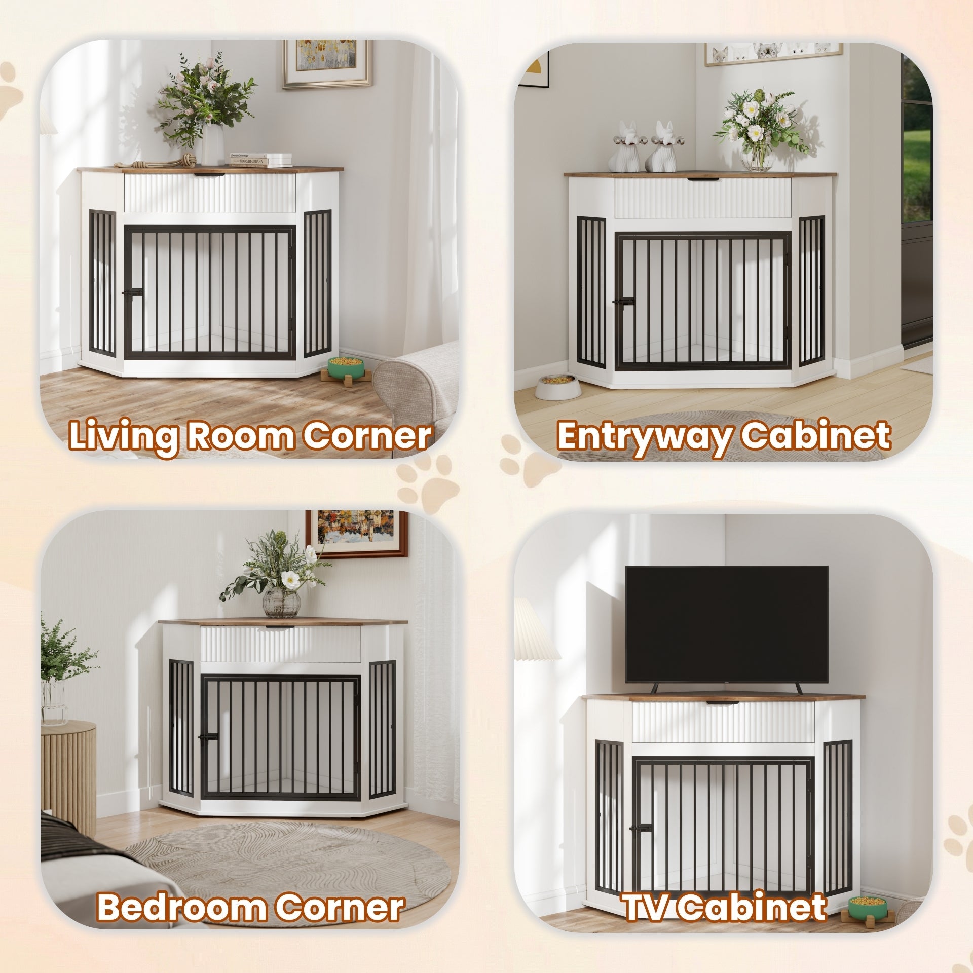 Corner Dog Crate Furniture with Fluted Drawer 