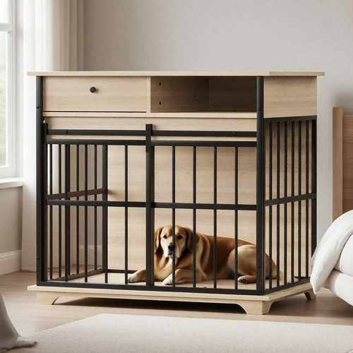 Dog inside a wooden crate with metal bars in a room with a bed and window.