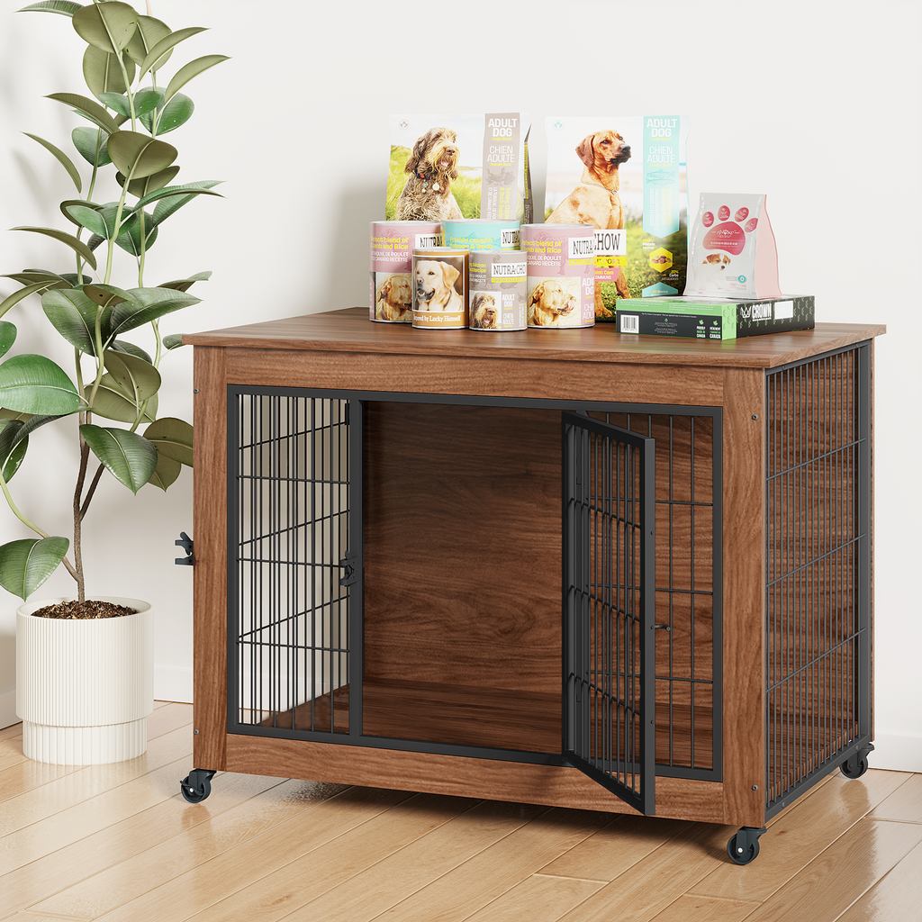 Wooden pet crate with metal bars on a wooden floor, surrounded by pet products and a plant.