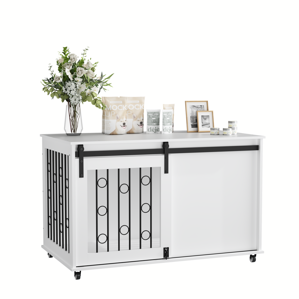 Modern Wooden Dog Crate Furniture with Sliding Barn Door – Indoor Pet Kennel