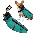 Teal dog vest with black straps on a white background