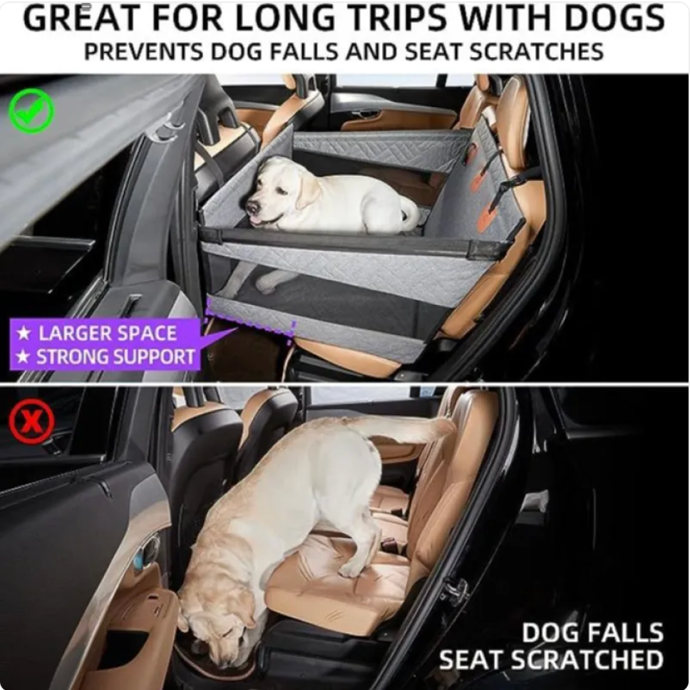Car seat cover for dogs with text highlighting benefits and issues, shown in a car interior.