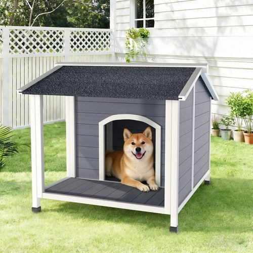 Doghouse with a dog inside on a grassy lawn
