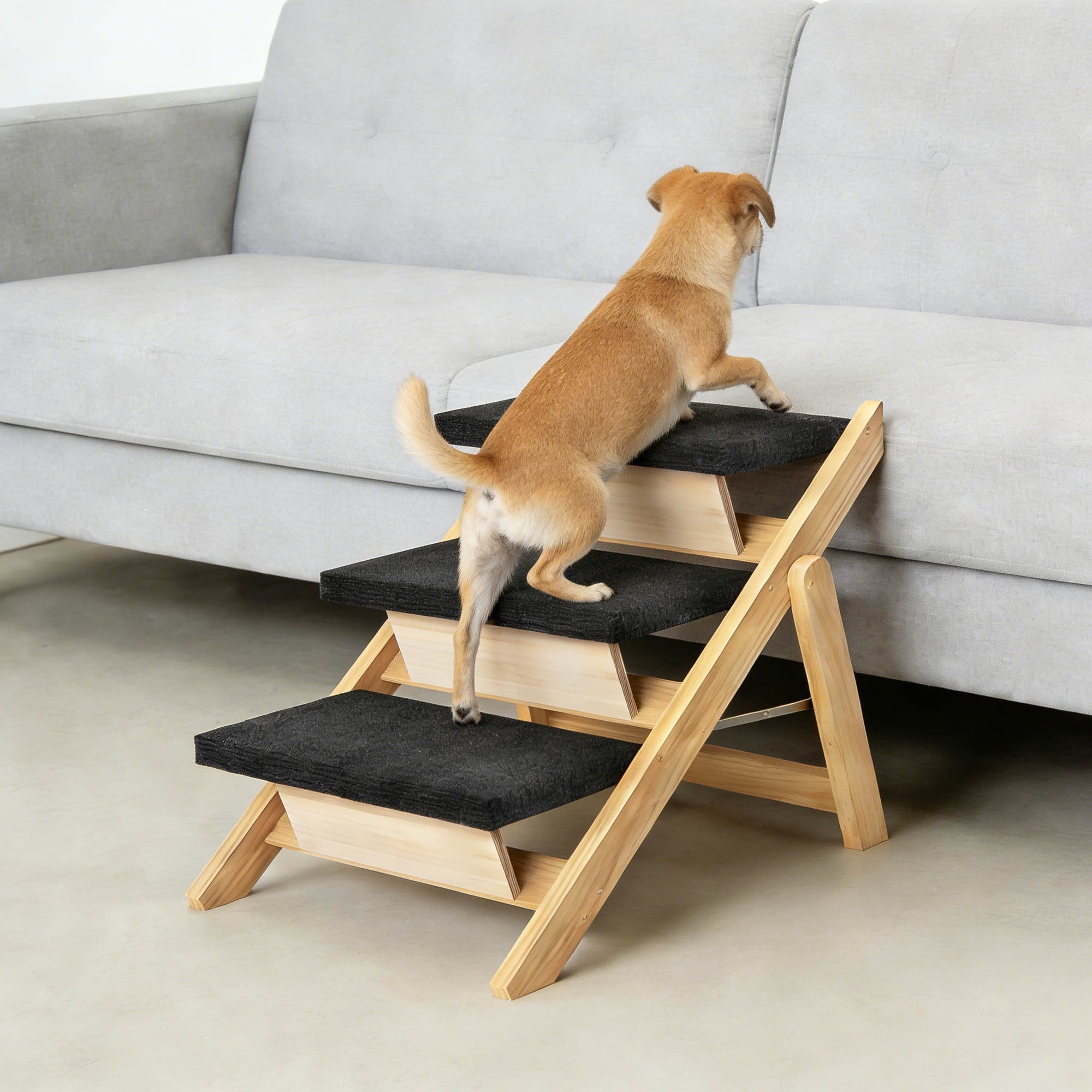 Foldable Wooden Pet Stairs & Ramp – 2-in-1 Dog Steps for Beds, Sofas & Cars
