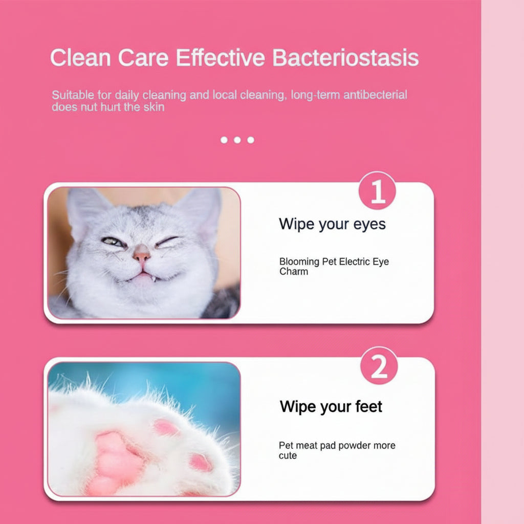 Product advertisement for eye, feet, and ear cleaning with images of a cat, dog, and paw on a pink background.
