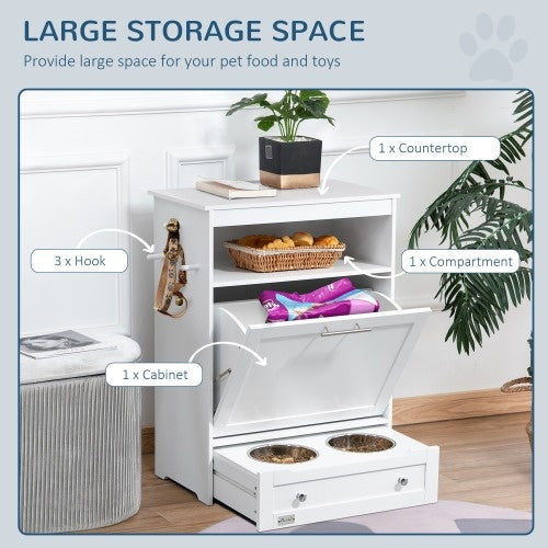 PawHut Pet Feeder Station Cabinet — Raised Bowls, Pull-Out Drawer, Storage Hooks, MDF (White, 32")