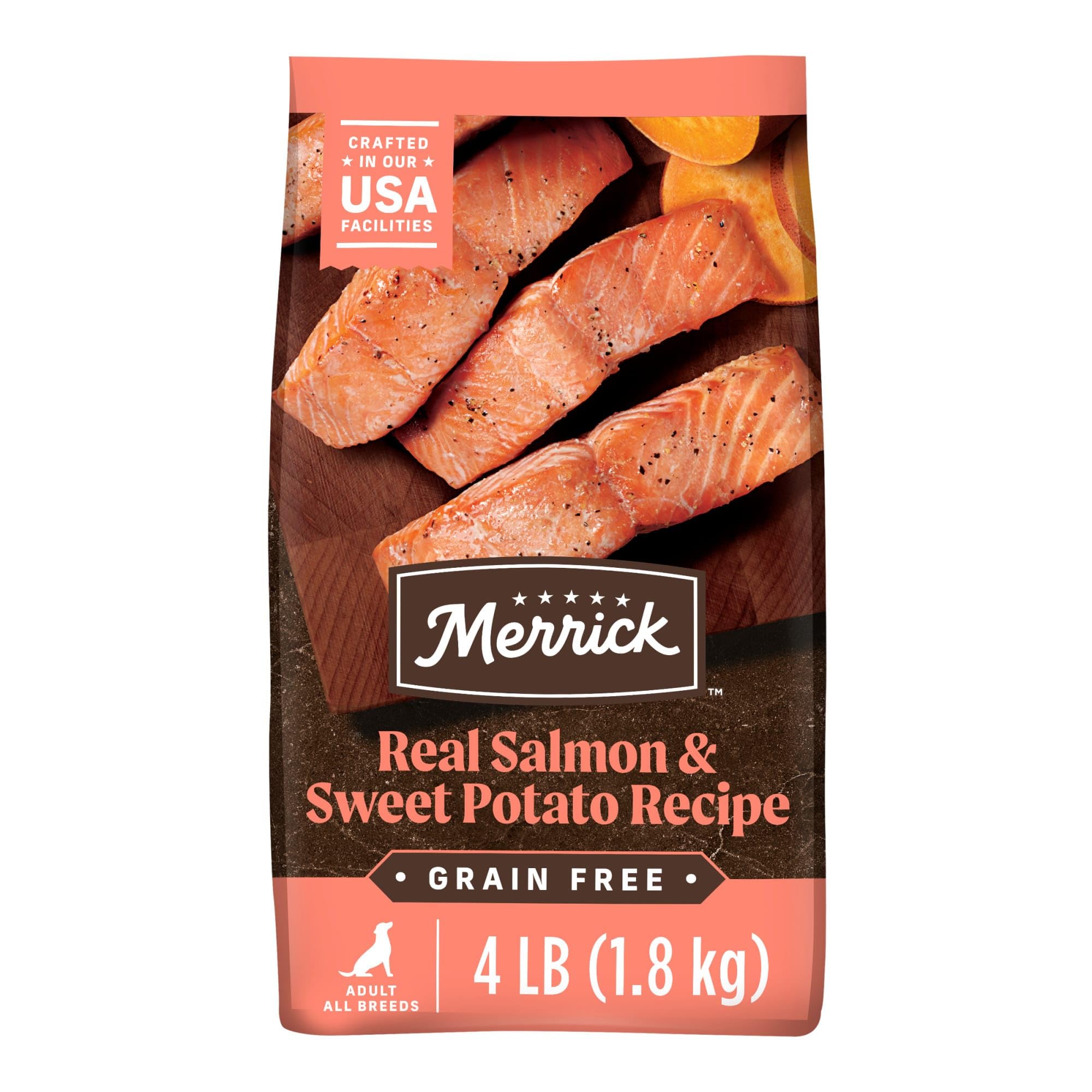 Merrick dog food package with salmon and sweet potato on a white background