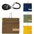 Collection of tactical pouches in different colors with keychains on a white background