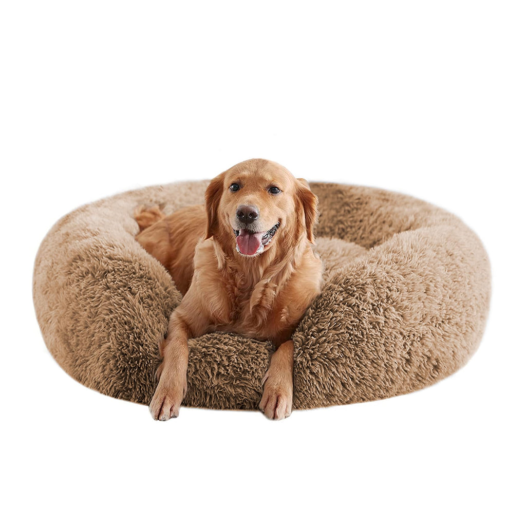 Faux Fur Donut Calming Dog Bed — Anti-Anxiety, Washable, Non-Slip (Large, 34")