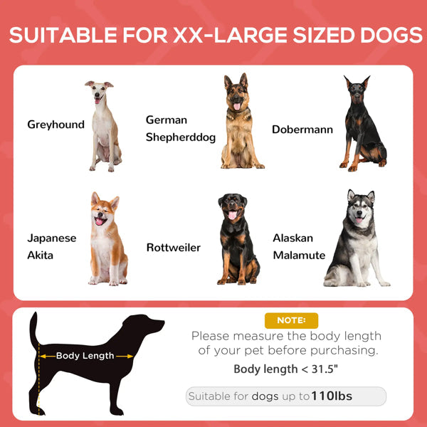 Chart of suitable dog breeds for xx-large sized dogs with images and text on a red background.